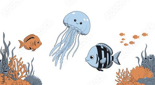 Underwater World Cute Marine Animals Cartoon Ocean Scene Jellyfish And Fishes