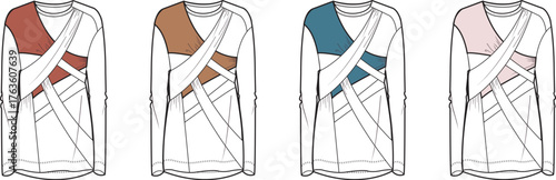 Collection of vector flat sketches illustrating modern long-sleeve knit shirts featuring distinctive draped and wrapped strap designs in various color options for contemporary apparel
