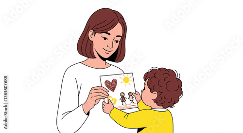 Child presents drawing to mother with love and affection sketched art