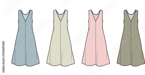 Collection of modern sleeveless A-line dress flat illustrations in soft pastel colors, showcasing versatile fashion designs for apparel development and pattern making
