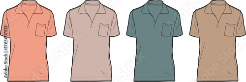 A versatile collection of flat vector polo shirt illustrations in different muted colors, ideal for fashion design templates, apparel mockups, and casual style guides