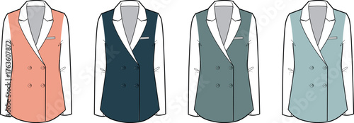 Set of different colored double-breasted vests with a white shirt underneath, presented in a flat illustration style
