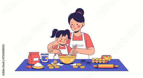 Cheerful baking day with mother and daughter cooking delicious cookies