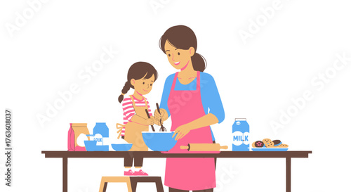 Happy family baking cookies together vector illustration on white background