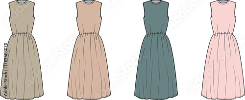 Technical fashion flats of four women's sleeveless midi dresses in pastel colors, featuring a comfortable gathered waist and flowing A-line skirt, perfect for versatile everyday styling
