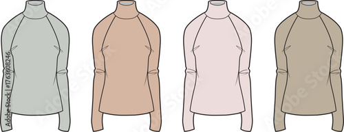 Collection of four minimalist long-sleeved turtleneck shirt design flats in varying neutral and pastel colors, ideal for fashion design and apparel mockups