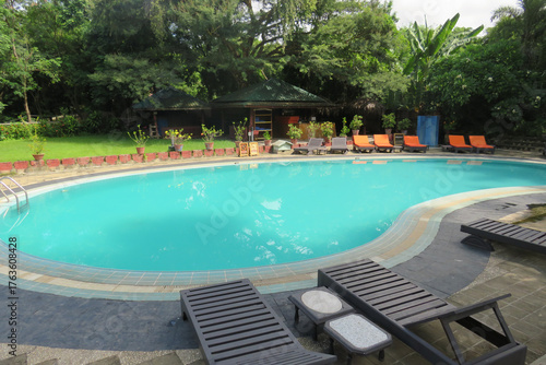 Outdoor swimming pool at the Thande Riverside Hotel in Bagan, Myanmar