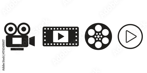 Set of movie and video icons in black silhouette style. Includes film camera, reel, filmstrip, and play button symbols for media, cinema, or video production design.