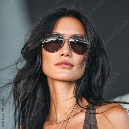 Wallpaper Mural Confident Asian woman with long black hair wearing sunglasses, casual top, natural makeup, outdoor urban background Torontodigital.ca