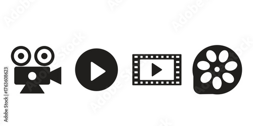 Set of movie and video icons in black silhouette style. Includes film camera, reel, filmstrip, and play button symbols for media, cinema, or video production design.