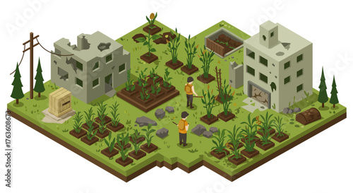 Post-apocalyptic agriculture: isometric urban garden with abandoned buildings and vegetation