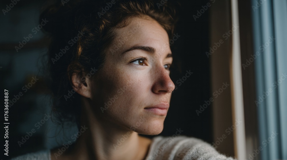 Fototapeta premium A young woman with contemplative eyes gazes softly, capturing the quiet essence of Diwali musings and Hygge warmth