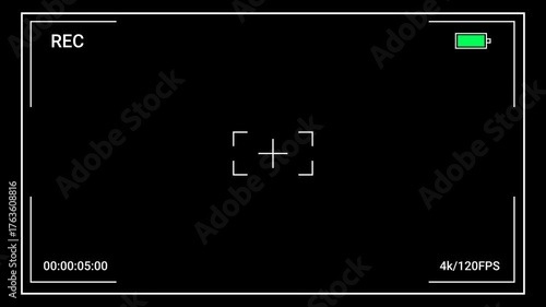 Realistic Camera Recording Screen Overlay with Transparent Background,  Alpha Channel Display,  Video Camera Viewfinder with REC Timer, Battery.