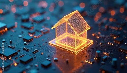 Digital house illustration on blue circuit board. Golden glowing lines forms modern home. Concept of property tech innovations, real estate online security. Investment in future smart house