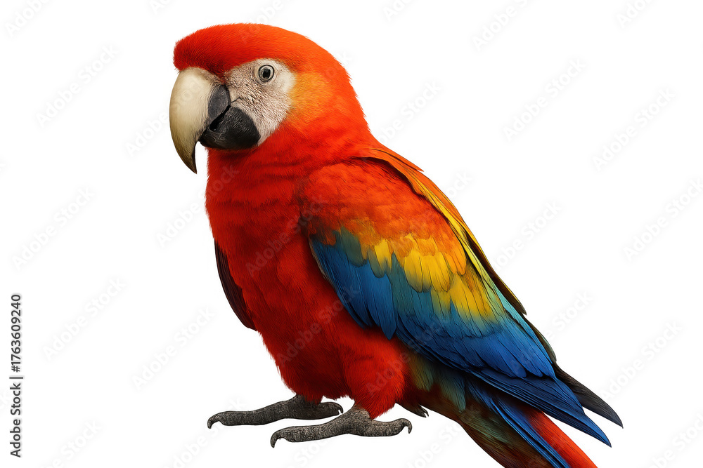 Fototapeta premium Scarlet macaw standing, showing vibrant red, yellow, and blue plumage with transparent background