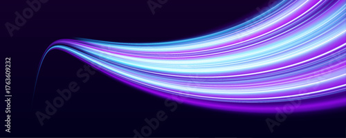A fusion of blue and violet neon streaks creates a luminous vortex. The energy pulses give a sense of digital power and constant movement. Suitable for tech innovation visuals.