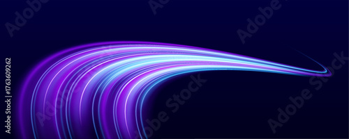 Dynamic glowing curves in blue and violet swirl across a digital landscape. The motion evokes speed and transformation. Ideal for modern and futuristic backgrounds.