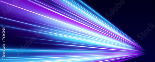 Blue and purple glowing lines stretch into the distance like data highways. The blur and sparkle create a sense of rapid flow. Ideal for high-speed network concepts.