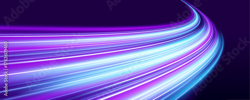 Abstract waves in violet and blue flow across a dark digital space, radiating power and motion. Neon light effects add depth and a futuristic mood. Designed for tech themes.