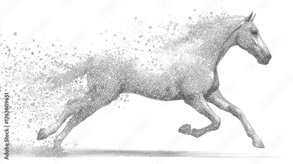 Fototapeta premium Dynamic particle horse illustration, minimalist white background, symbol of 2026 Year of the Horse