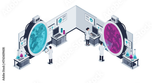 Isometric laboratory research scene with scientists and advanced technology