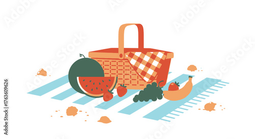 Summer picnic basket with fruit on a striped blanket vector art