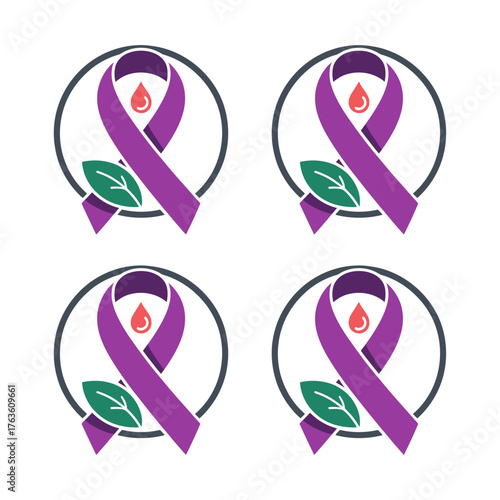 set of awareness ribbon logos with droplet and leaf, pancreatic cancer care, healthcare support pack, vector