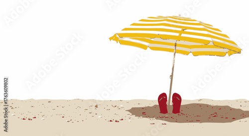 Beach umbrella and flip-flops on sand summer vibes illustration background