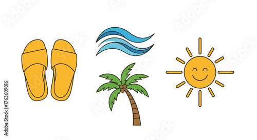 Summer Holiday Vacation Icons Set with Palm Tree Waves Sun and Sandals