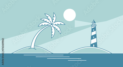 Coastal Calm with Palm Tree and Lighthouse Ocean View Illustration