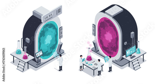 Futuristic laboratory with scientists working on high-tech experiments in isometric style