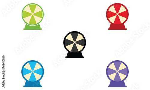 Colorful spinning wheel icons set on white background. Flat design collection in green, red, blue, purple, and black. Perfect for games, raffles, or random selection themes in digital graphics.
