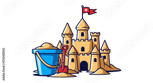 Fun Sandcastle with Red Flag Bucket and Shovel Beach Vacation Icon