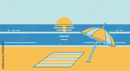 Minimalist Beach Scene with Parasol and Towel at Sunset