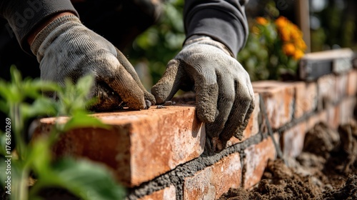 Wallpaper Mural Brick Wall Under Construction — Gloved Hands Laying Bricks in Sunny Garden Torontodigital.ca