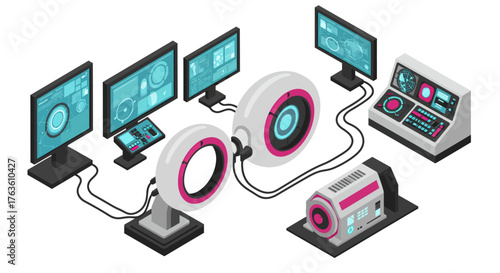 Isometric futuristic technology setup with monitors and devices in a digital control room