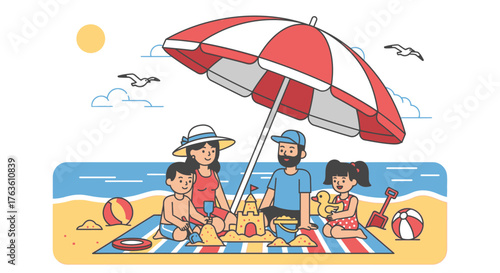 Family beach day seaside scene joyful summer vacation illustration