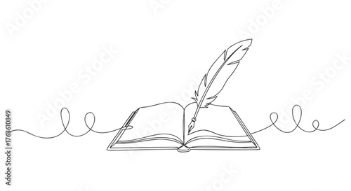 One Continuous Line Drawing of an Open Book with a Quill Pen, symbolizing knowledge, creativity, and literature