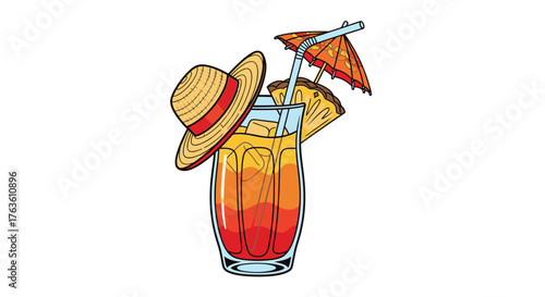 Festive cartoon style cocktail with hat and umbrella