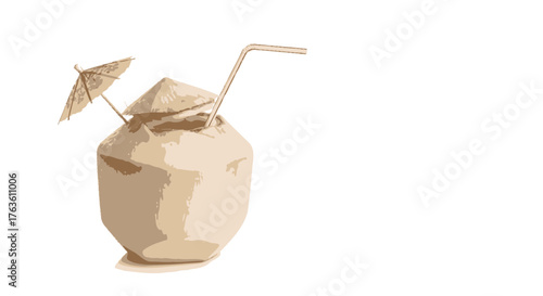 Refreshing Tropical Coconut Drink with straw and mini umbrella on white
