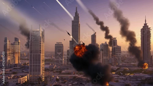Urban warfare destruction cityscape aerial view missiles exploding buildings smoke plumes