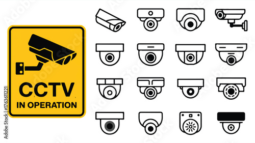 A collection of 15 black and white security camera icons arranged in a grid format, with a yellow and black CCTV IN OPERATION warning sign on the left side.  