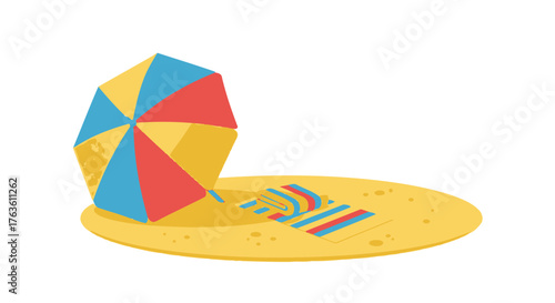 Colorful Umbrella and Towel on Sandy Beach Illustration