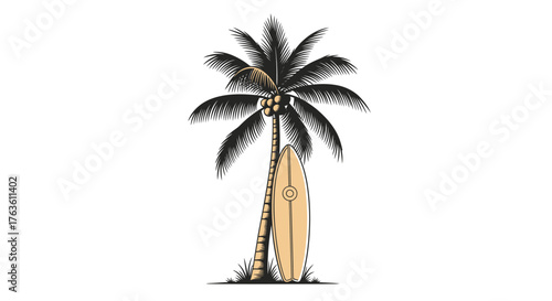 Tropical Palm with Surfboard Illustration for Summer Vacations and Coastal Living