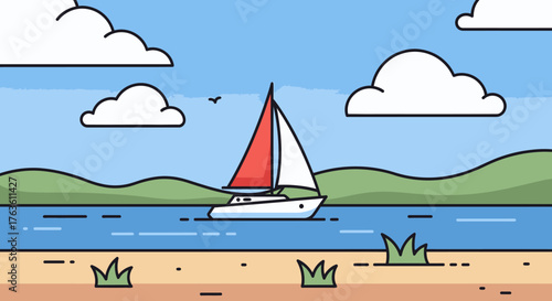 Cartoon Sailboat on the Water, Sea Coast Landscape Illustration