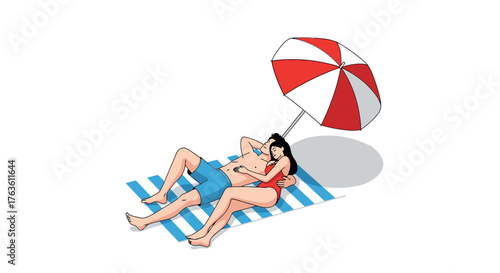 Couple Relaxing on Beach Towel Under Umbrella Cartoon Illustration