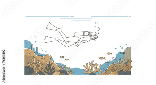 Outline Drawing of a Scuba Diver Exploring a Vibrant Coral Reef