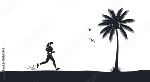 Woman running near a palm tree silhouette on a beach workout lifestyle