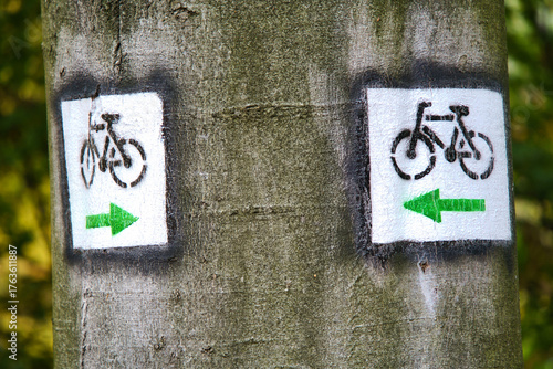 Bicycle path signs in the forest showing cyclists the direction of their journey.