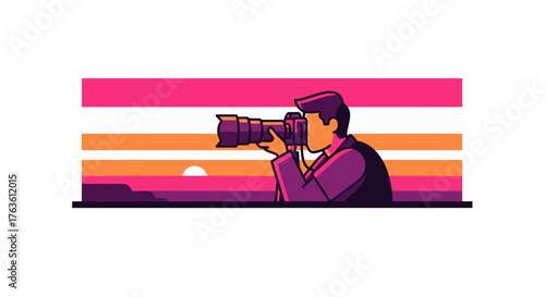 Photographer takes picture with professional camera at colorful sunset view